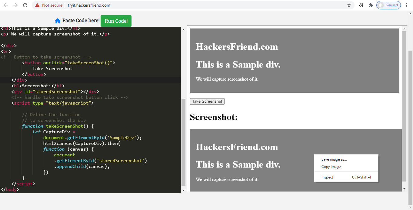 Take screenshot using Javascript
